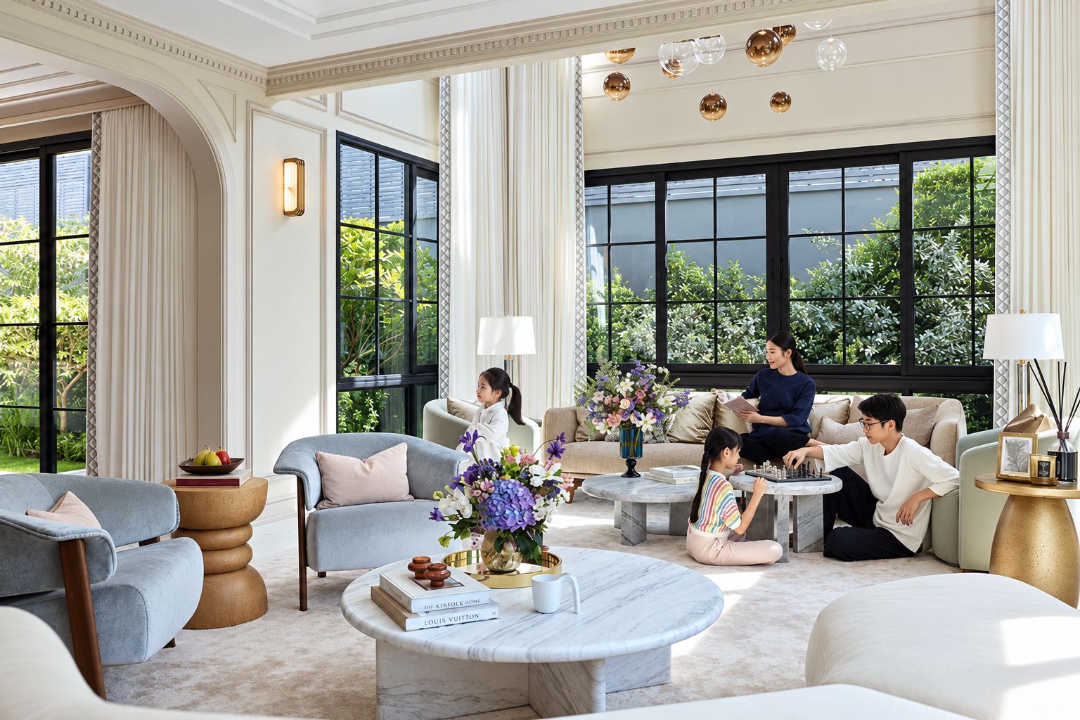 Bright private residence with a family gathered in the living room